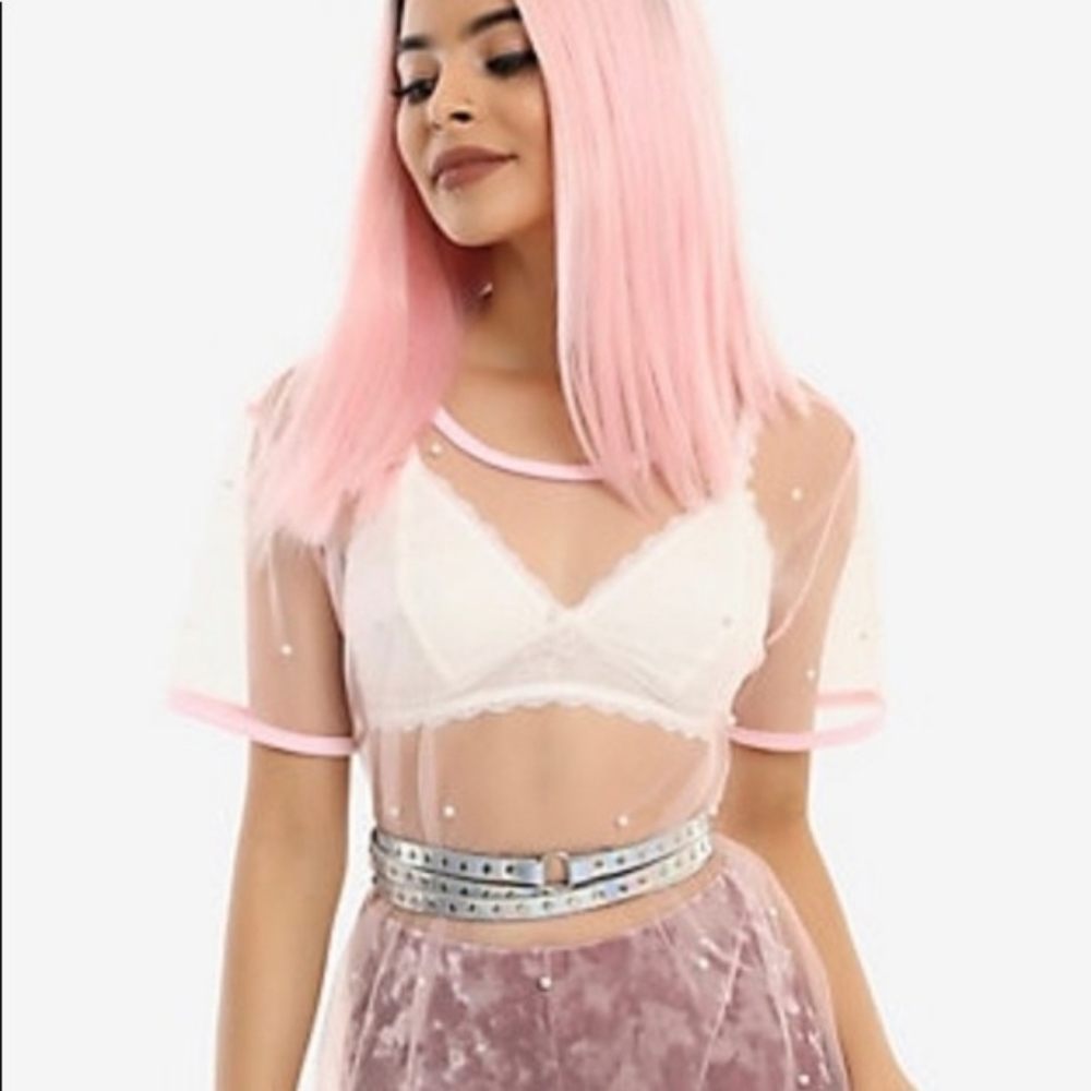 Hot Topic - Sheer pink overlay tee with pearl details - Size M